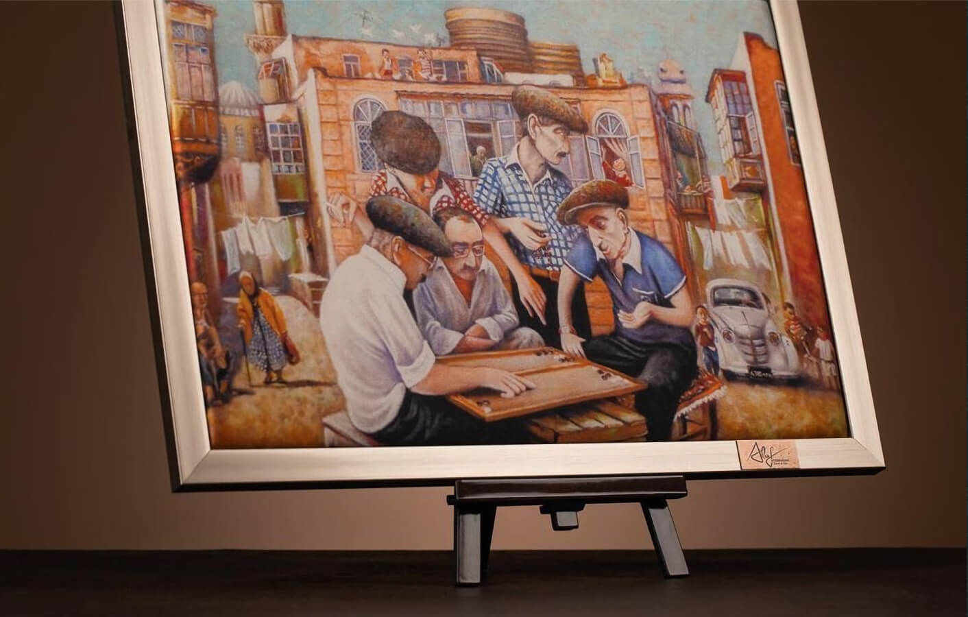 Men playing backgammon in an old Baku courtyard