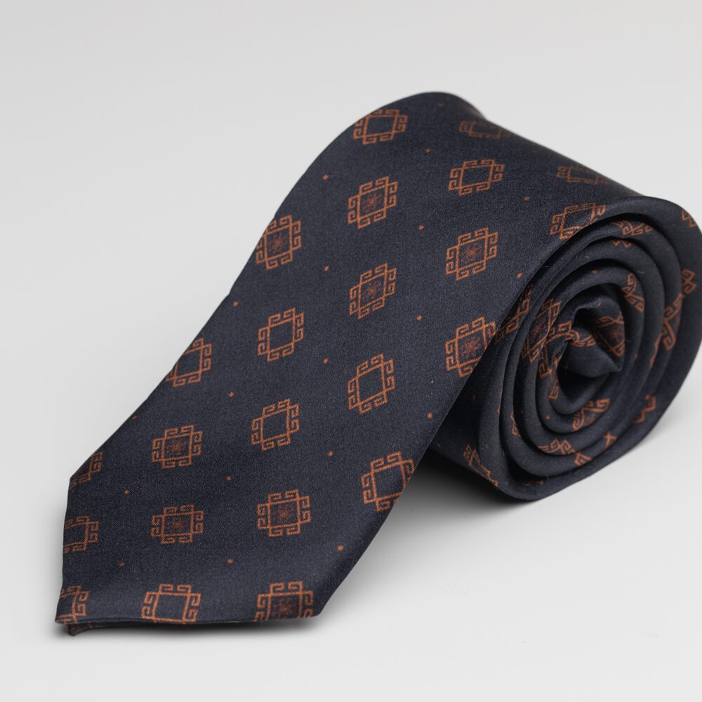 Dark navy silk tie with copper geometric pattern