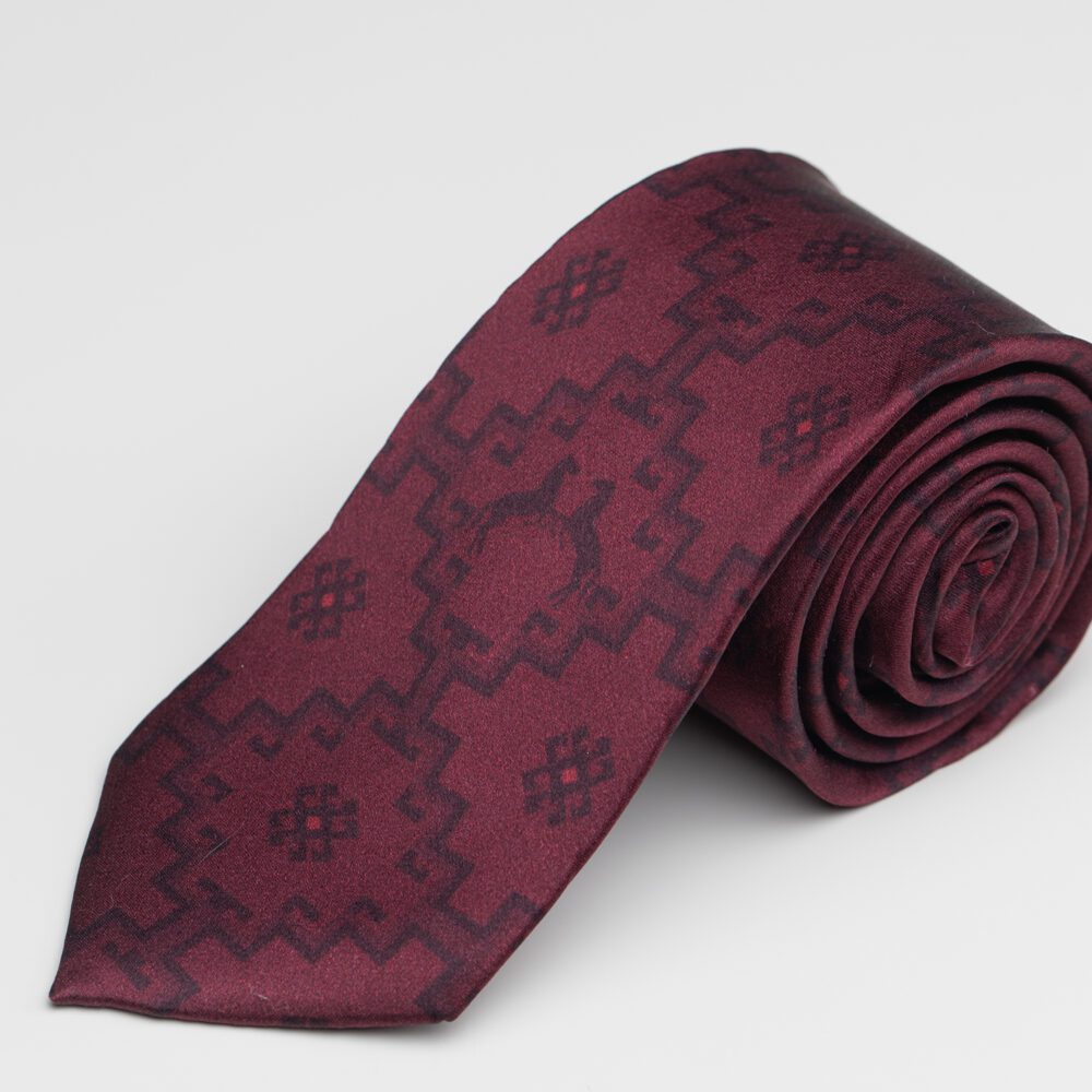Burgundy silk tie with Azerbaijani carpet-inspired pattern